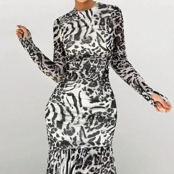 Grey Elegant Women's Mesh Leopard And Zebra Print Asymmetrical Hem Long Dress - Picture 5 of 5